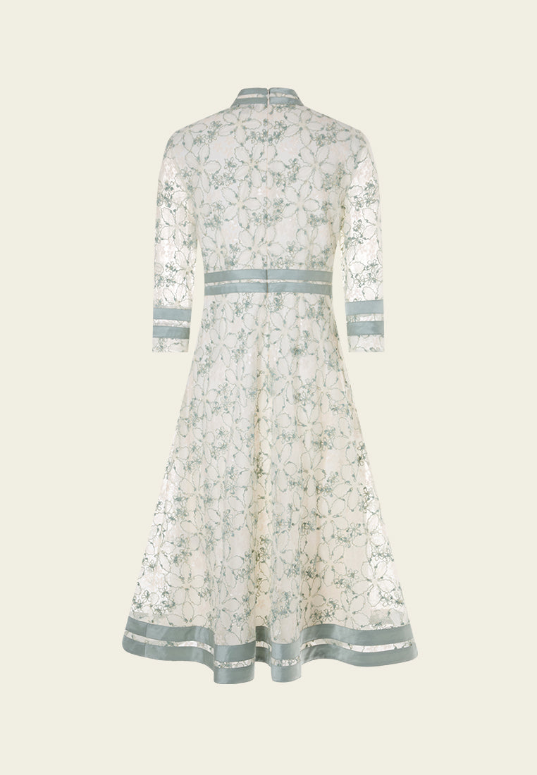 Stand-collar Stripe-detail Embroidery-detail Mesh Dress