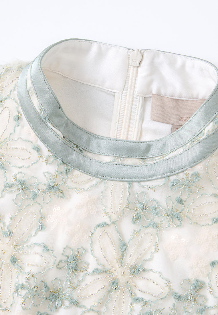 Stand-collar Stripe-detail Embroidery-detail Mesh Dress