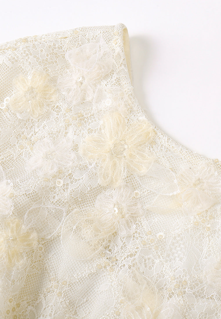 Beige Lace Evening Dress with Belt
