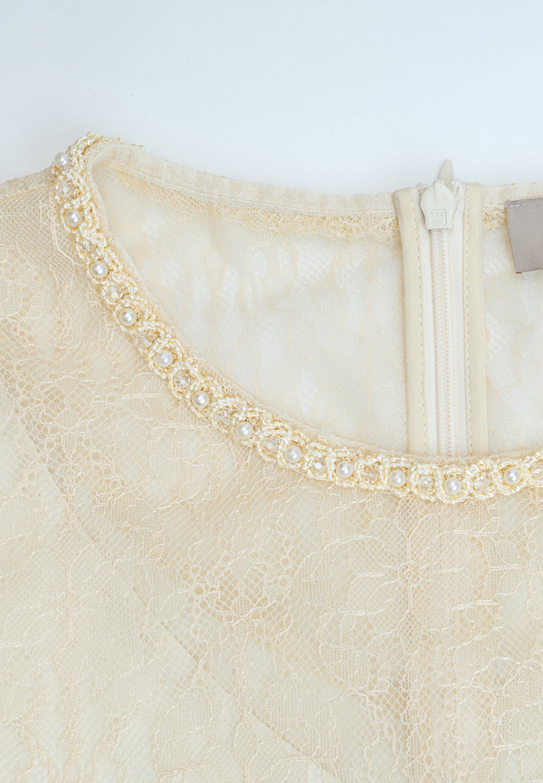 Belted Pleated-detail Lace Dress