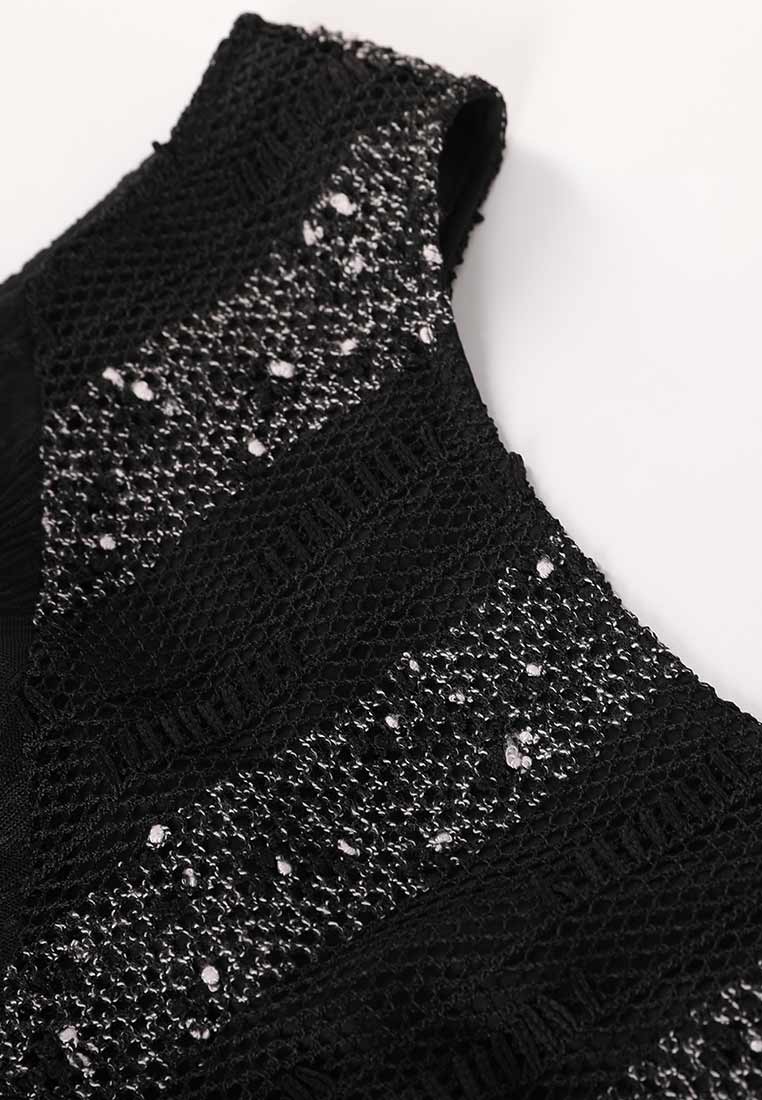 Black Sequins Stripe Detail Lace Sleeveless Cocktail Dress