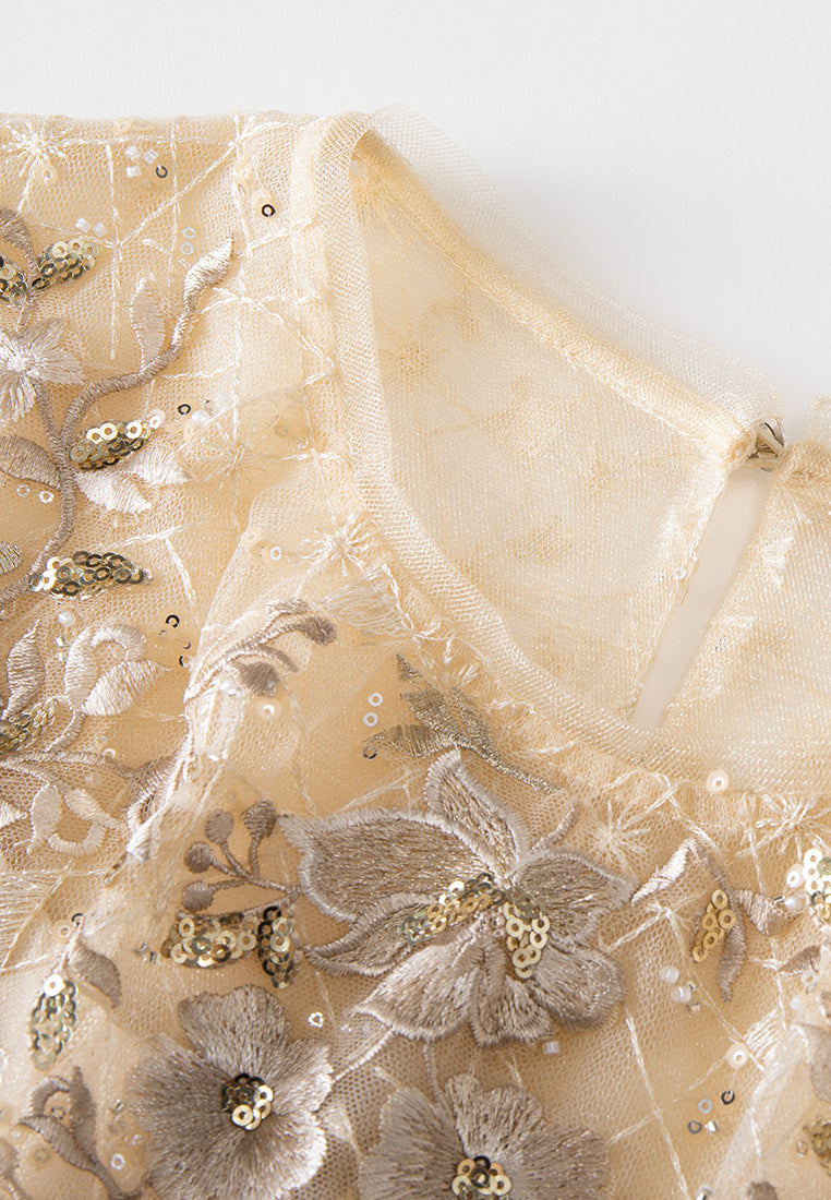 Sequin-detail Floral Embroidered Layered Mesh Dress
