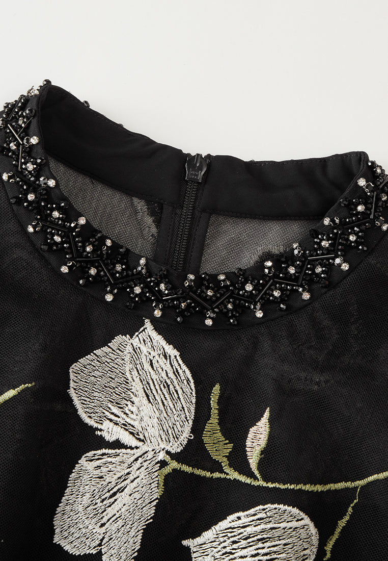Embroidery-detail Tie-belt Embellished Mesh Dress