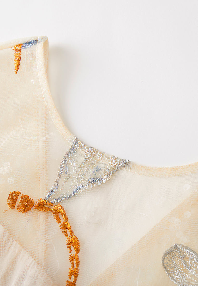 Beige Floral Sleeveless with Blue Ribbon Dress
