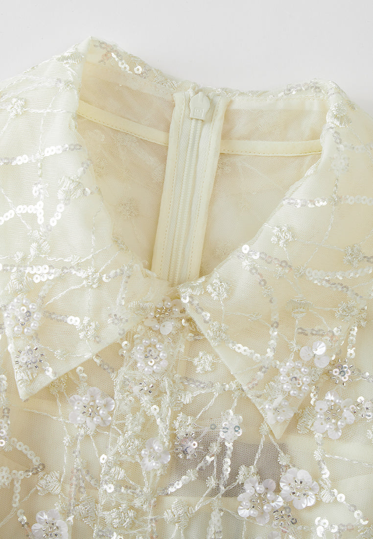 Embellished Lapel Puff-sleeve Mesh Dress