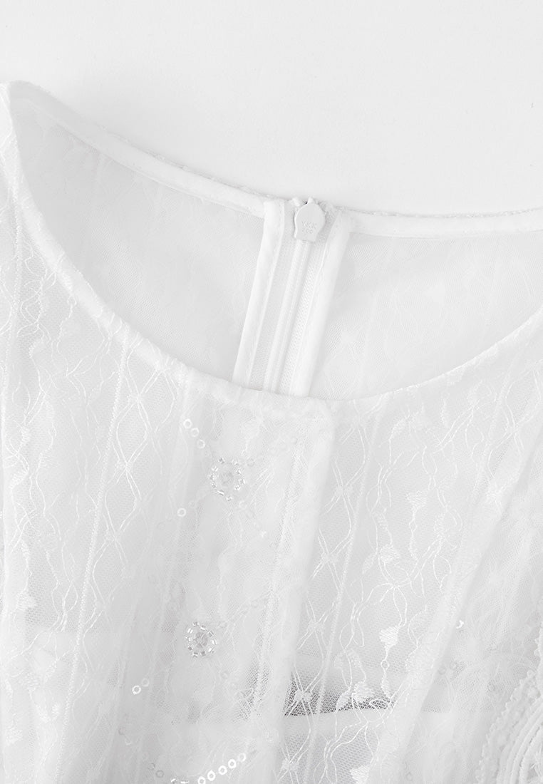 White Mid Sleeves Lace Midi Dress