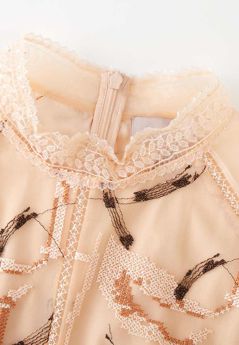 Beige Embroidered Long-sleeved Cocktail Dress