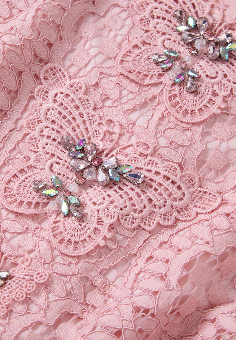 Pop-up Effect Crystal-embellished Hollow-carved Lace Dress