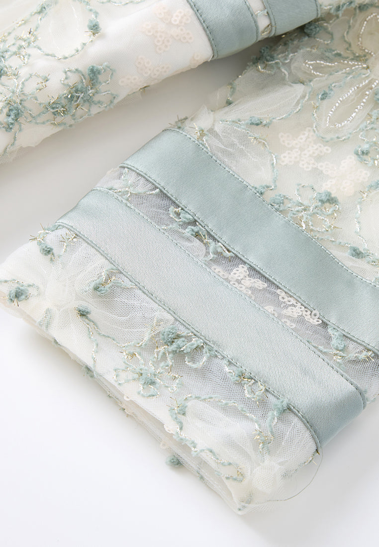 Stand-collar Stripe-detail Embroidery-detail Mesh Dress