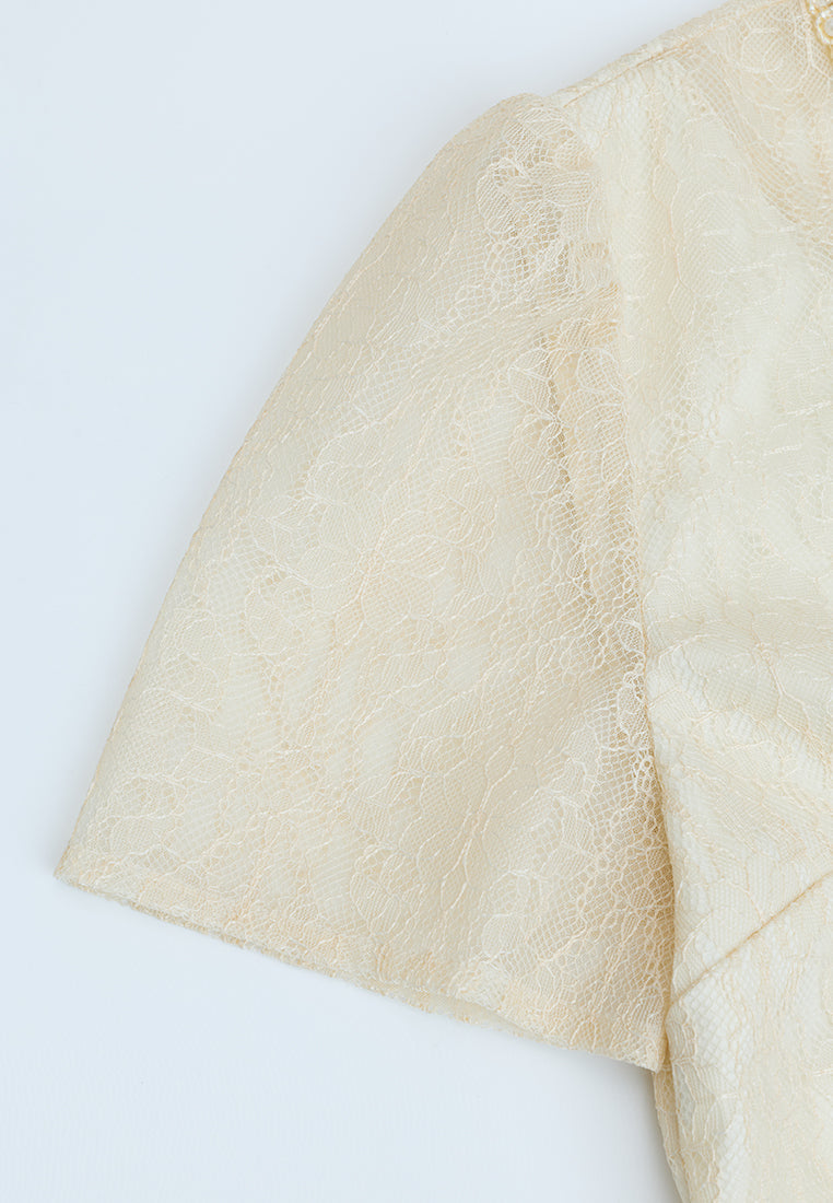 Belted Pleated-detail Lace Dress