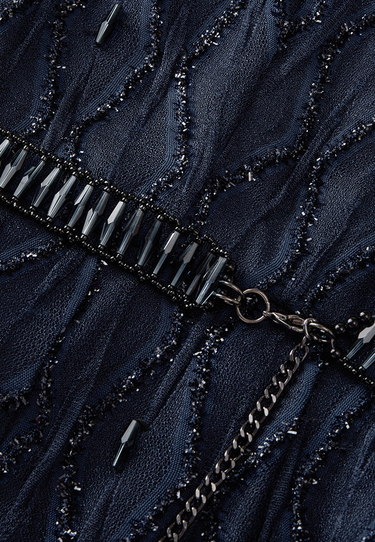 Diamond Pattern Embellished Lace-detail Belted Dress