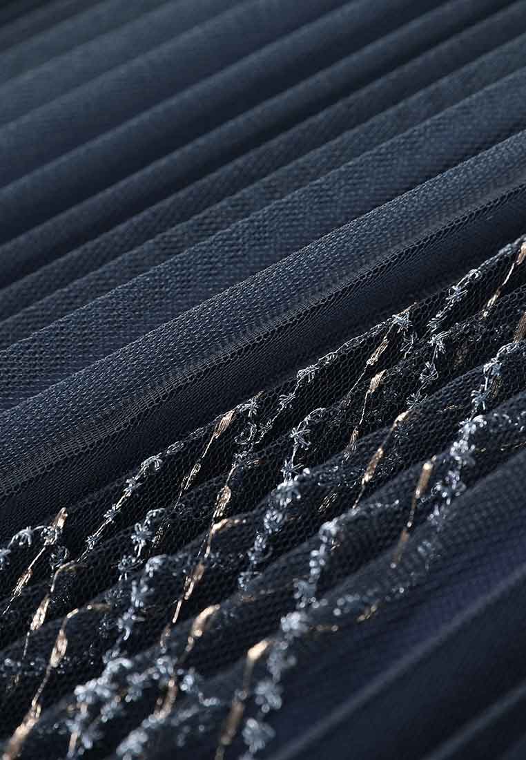 Layered Dark Blue Embroidered Organza Cocktail Dress