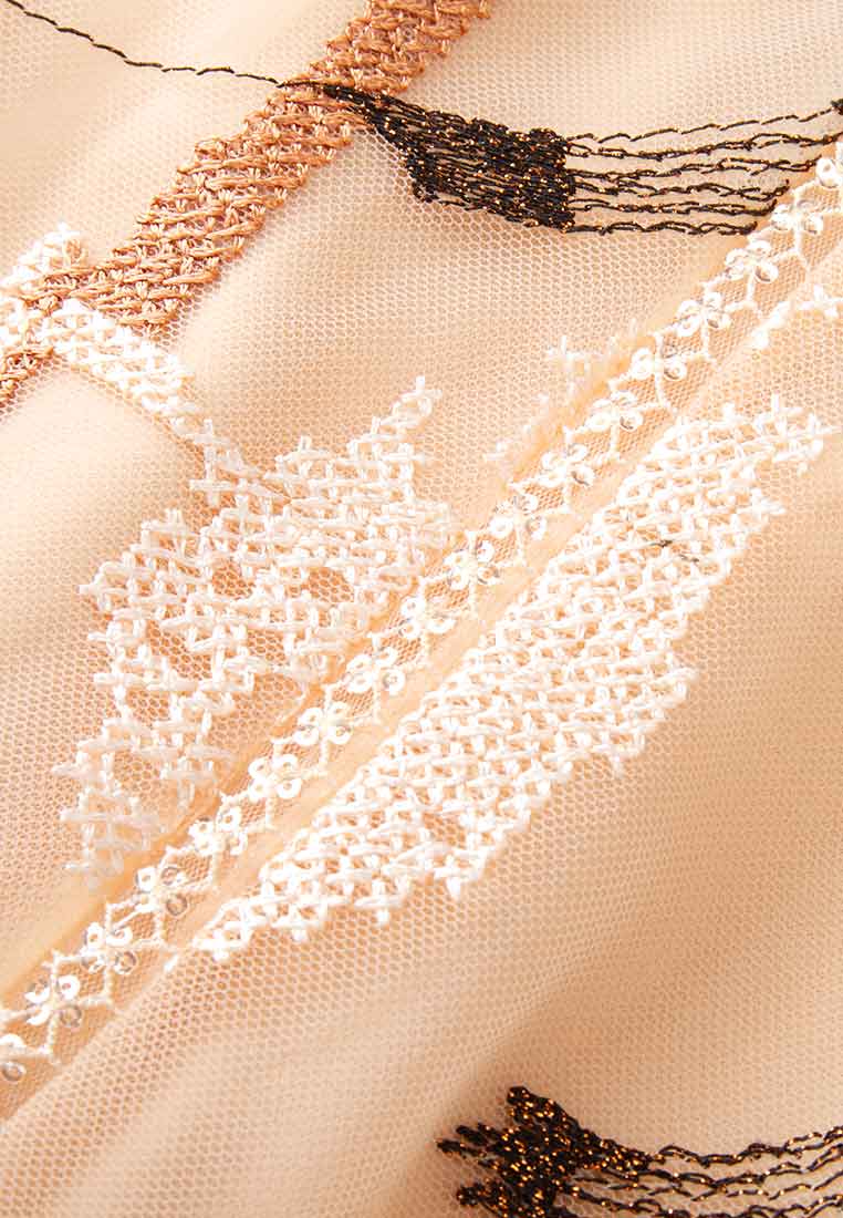 Beige Embroidered Long-sleeved Cocktail Dress