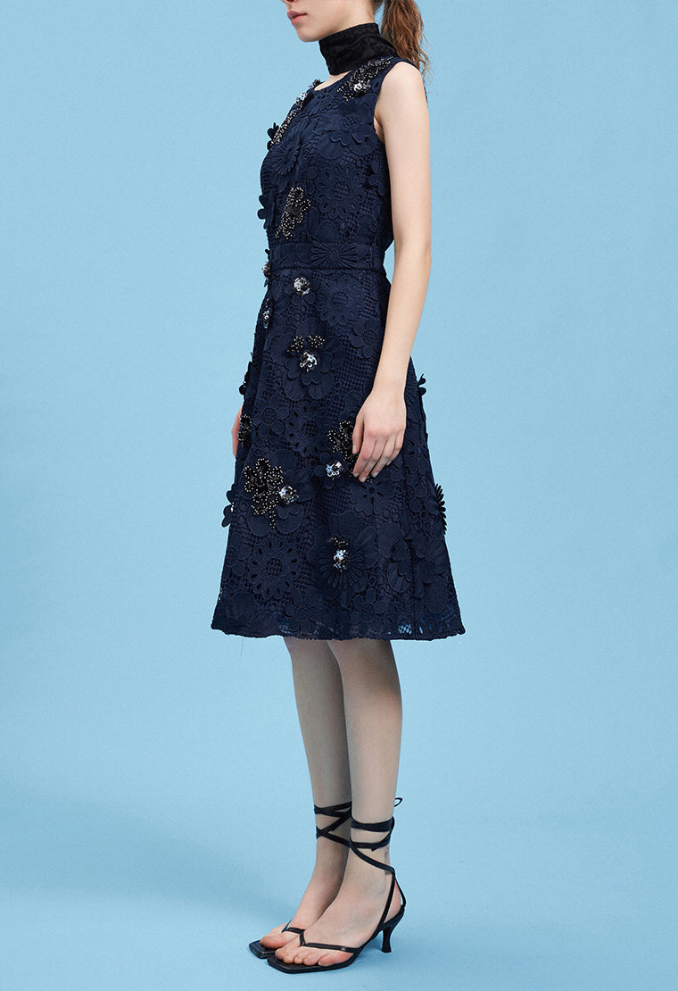 Dark Blue Floral Lace Cocktail Dress