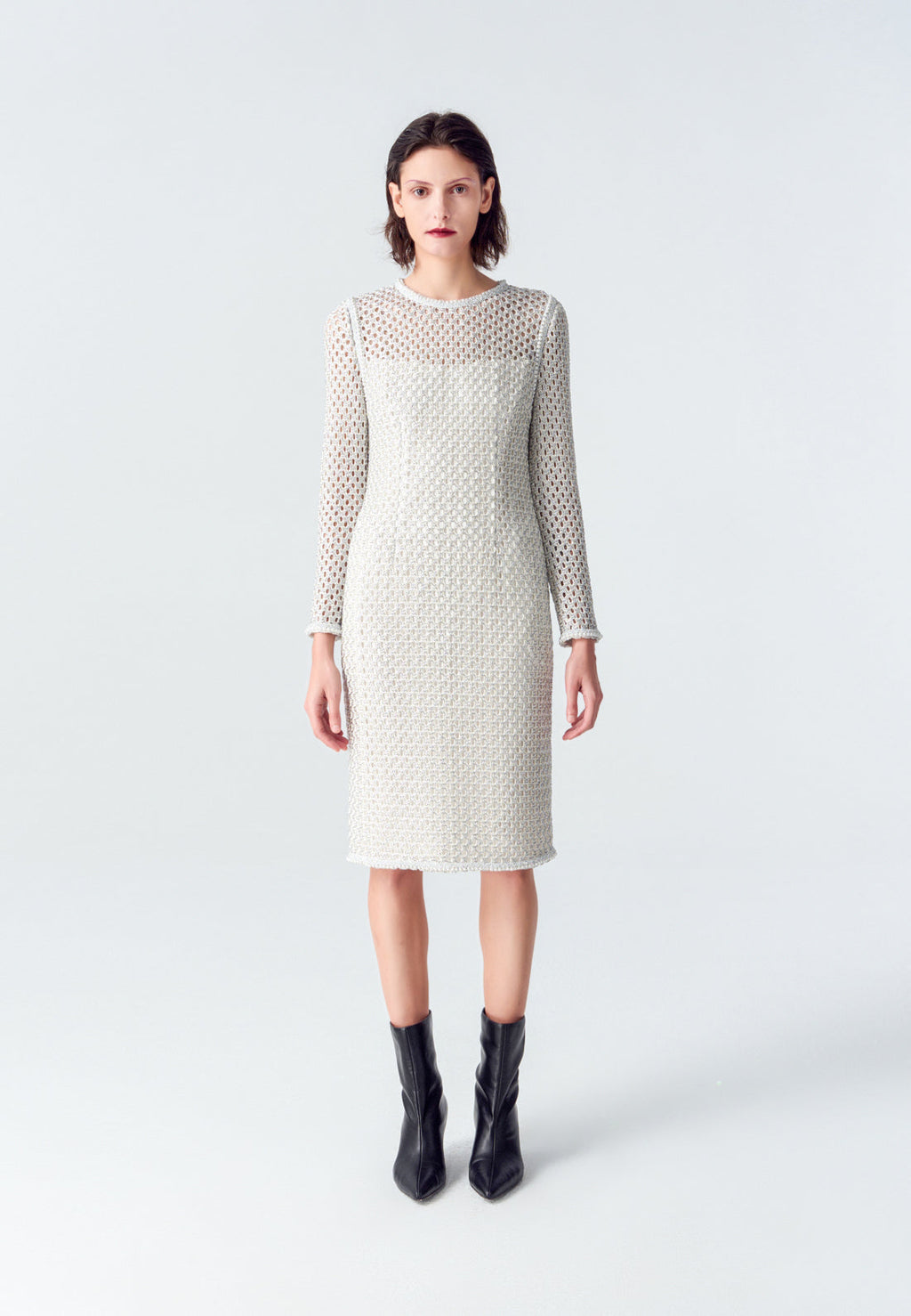 Elegant Silver Lace Long-sleeved Midi Dress