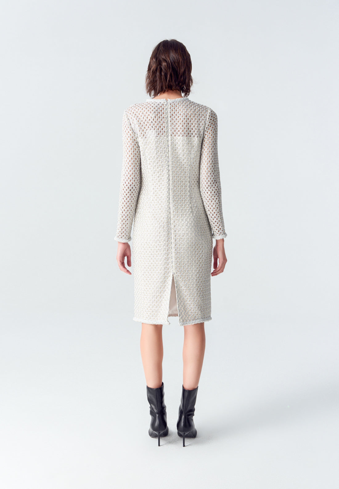 Elegant Silver Lace Long-sleeved Midi Dress