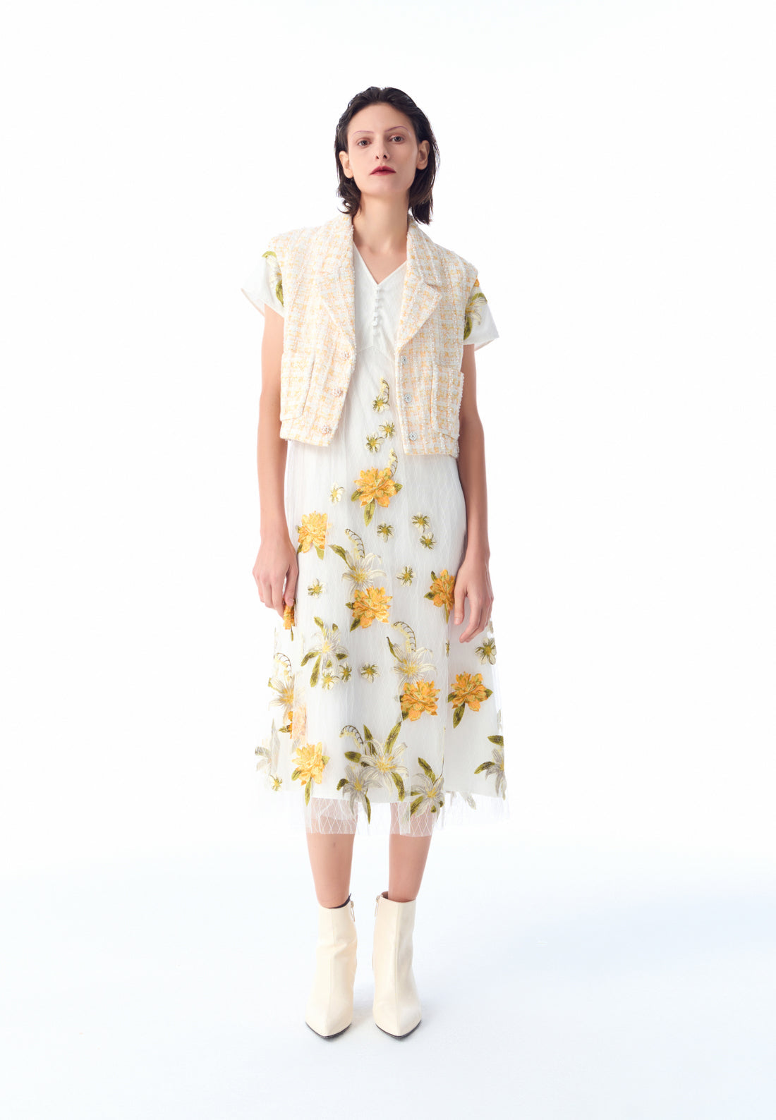 White Floral Embroidered Mesh Cap-sleeves Dress