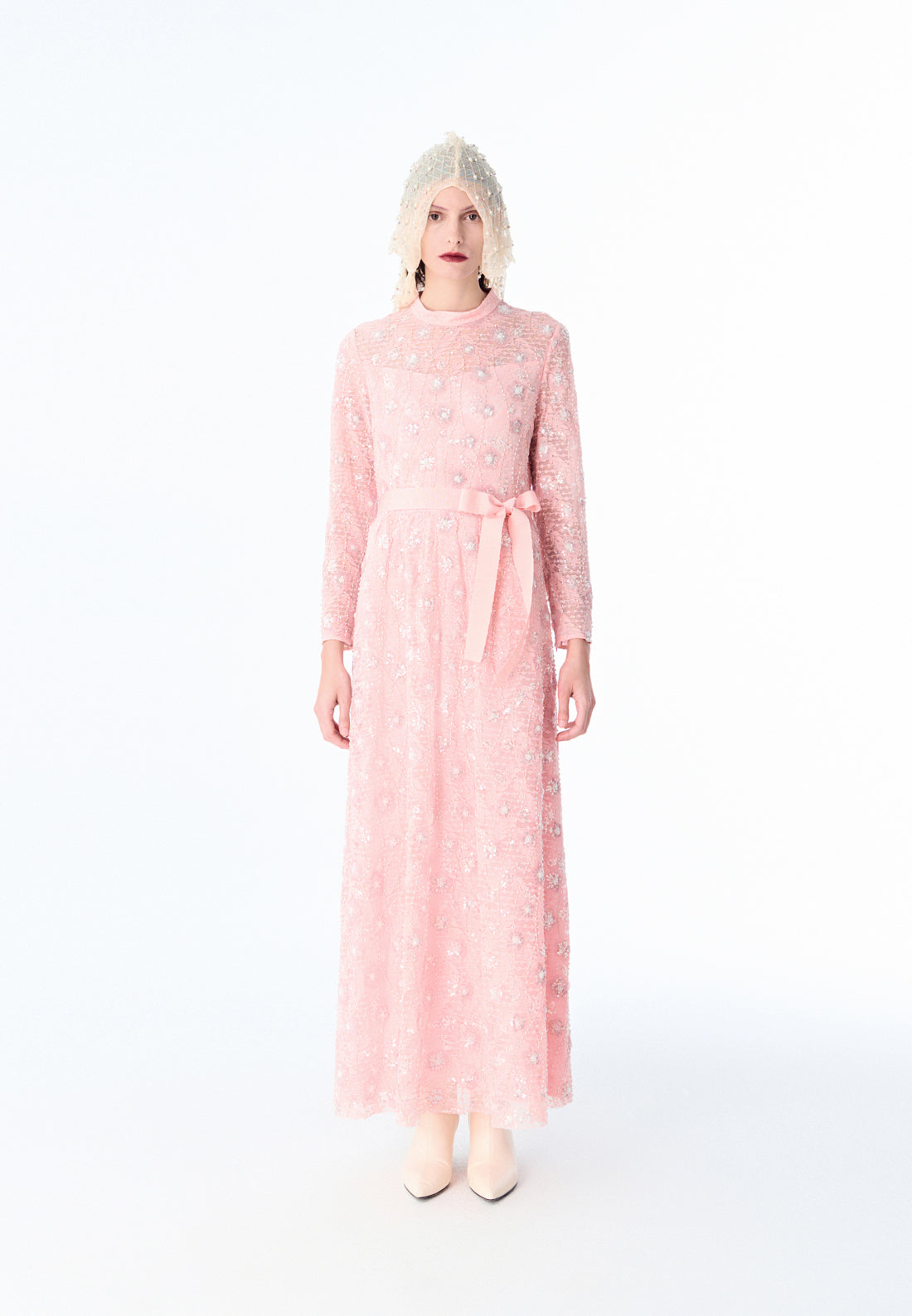 Pink Embroidered Lace Long-sleeved Dinner Dress