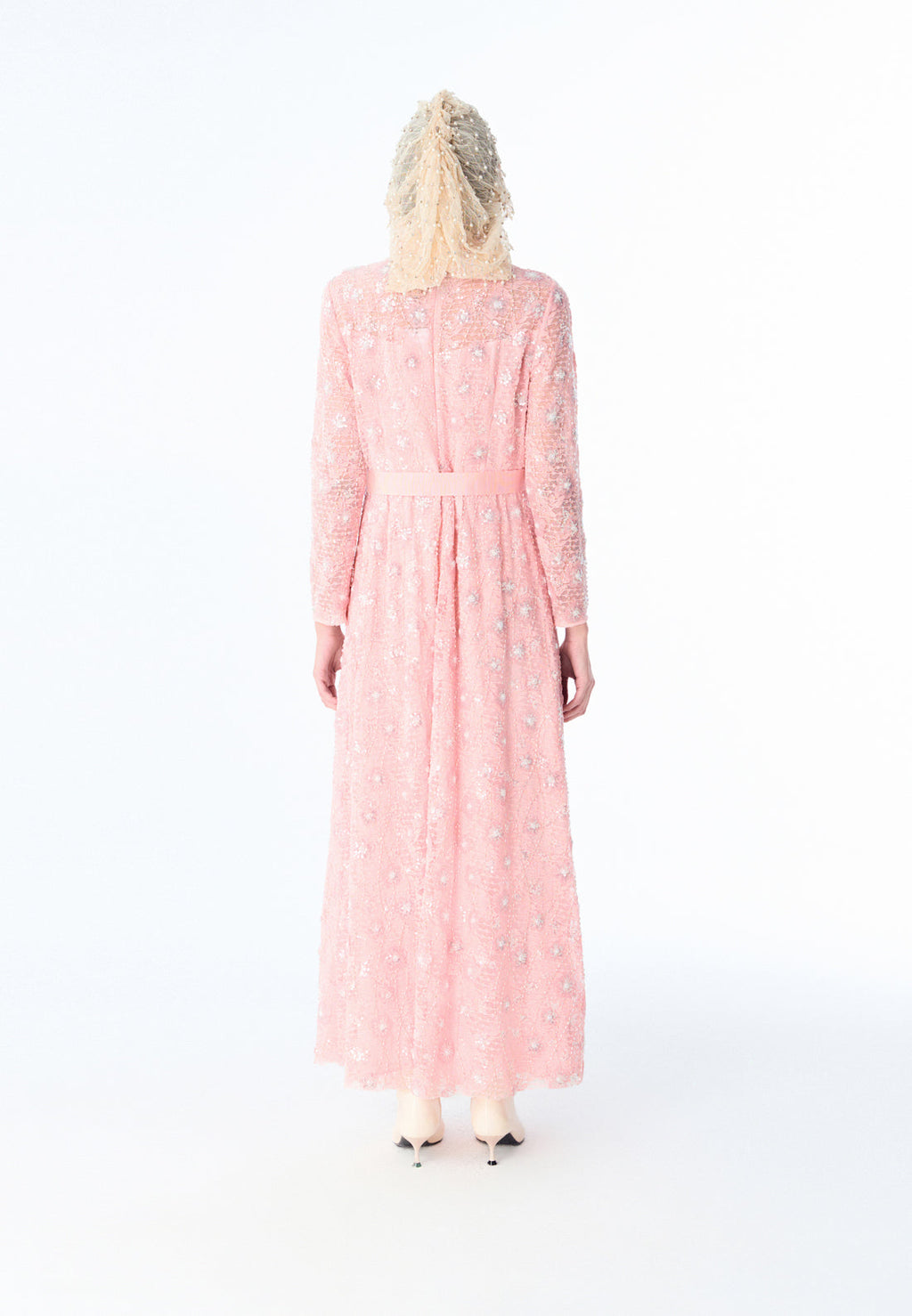 Pink Embroidered Lace Long-sleeved Dinner Dress