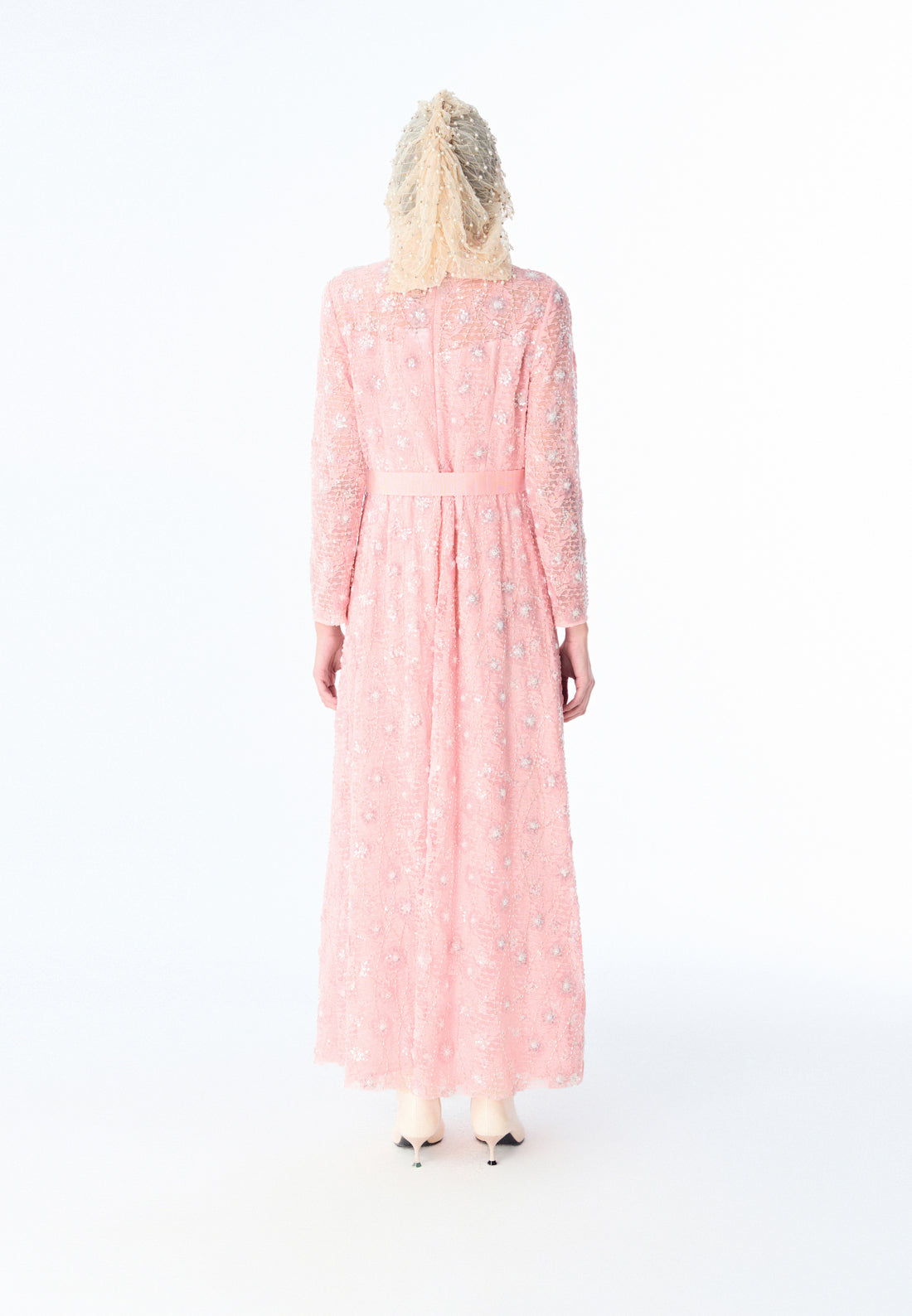 Pink Embroidered Lace Long-sleeved Dinner Dress