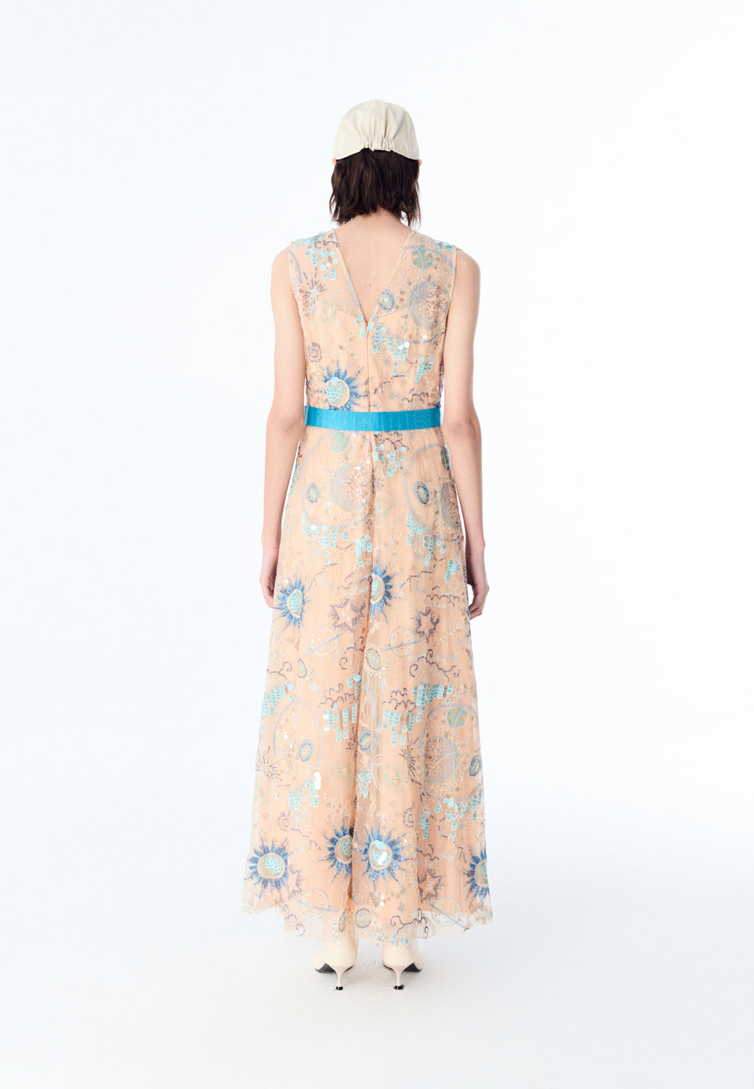 Beige Embroidered Sleeveless with Blue Ribbon Dress