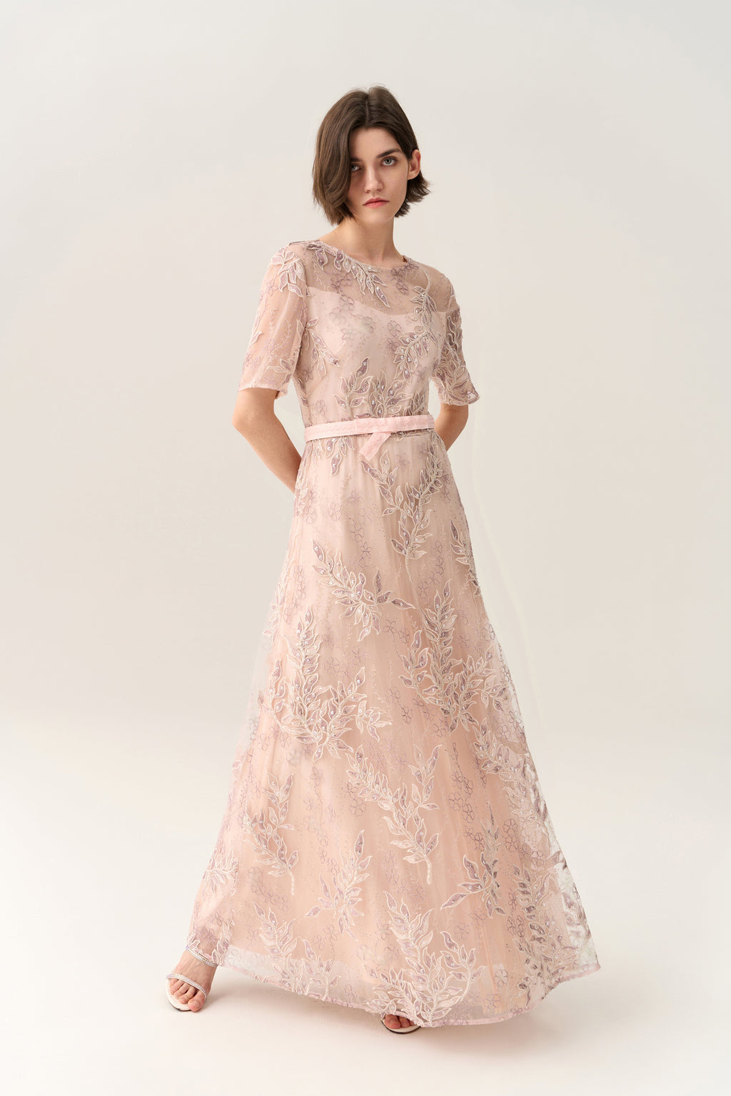 Tie-waist Sequin & Embroidery Mesh Dress