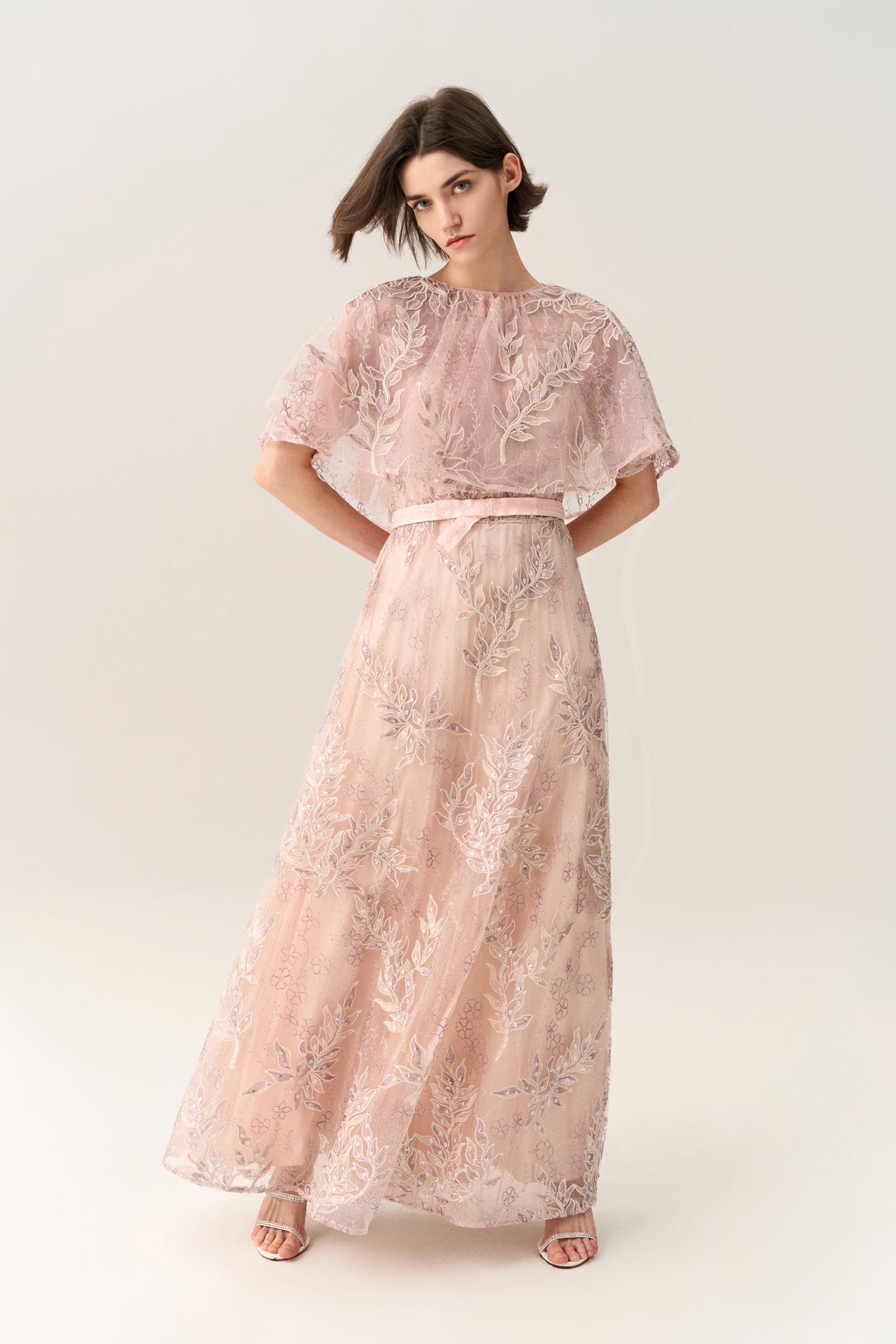 Tie-waist Sequin & Embroidery Mesh Dress