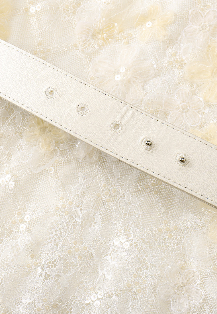 Beige Lace Evening Dress with Belt