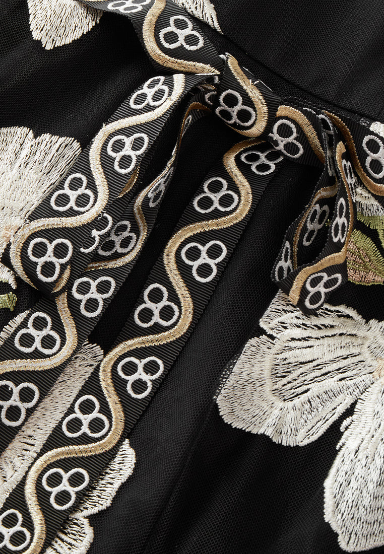 Embroidery-detail Tie-belt Embellished Mesh Dress