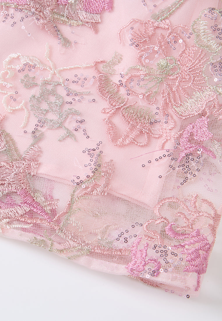 Floral-embroidery Embellished Maxi Mesh Dress