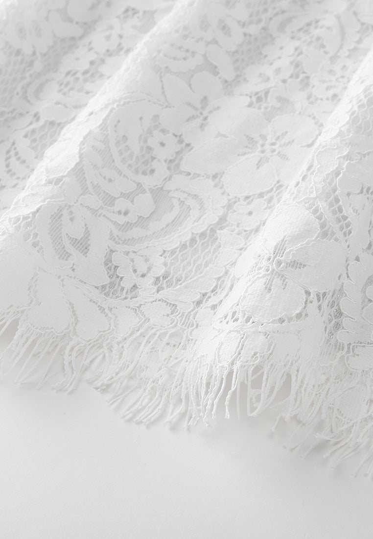 Stand-collar Luerx-trim Frayed-detail Lace Dress