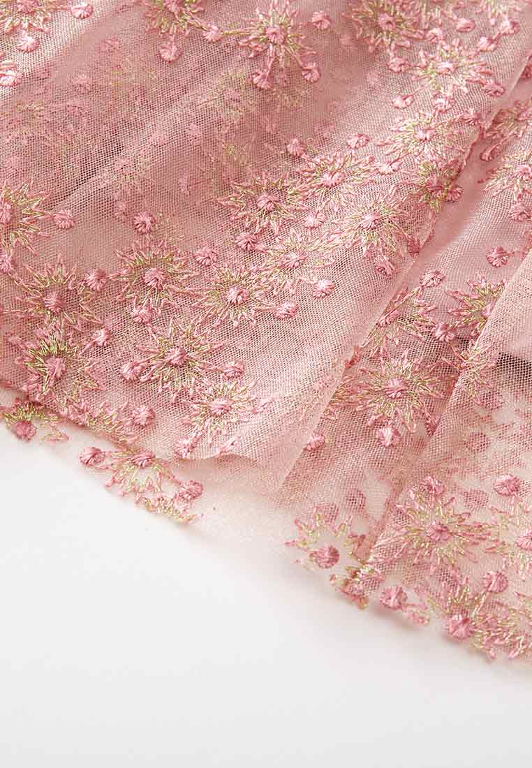 Pink Embroidered Mesh Cocktail Dress