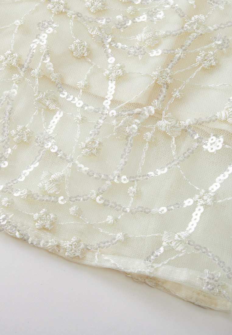 Embellished Lapel Puff-sleeve Mesh Dress