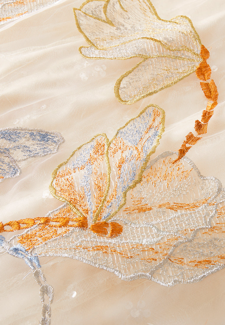 Beige Floral Sleeveless with Blue Ribbon Dress