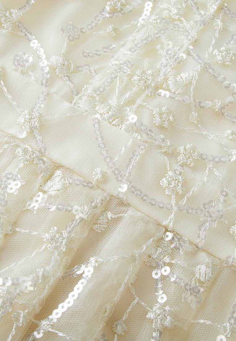 Embellished Lapel Puff-sleeve Mesh Dress