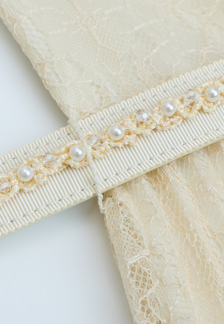 Belted Pleated-detail Lace Dress