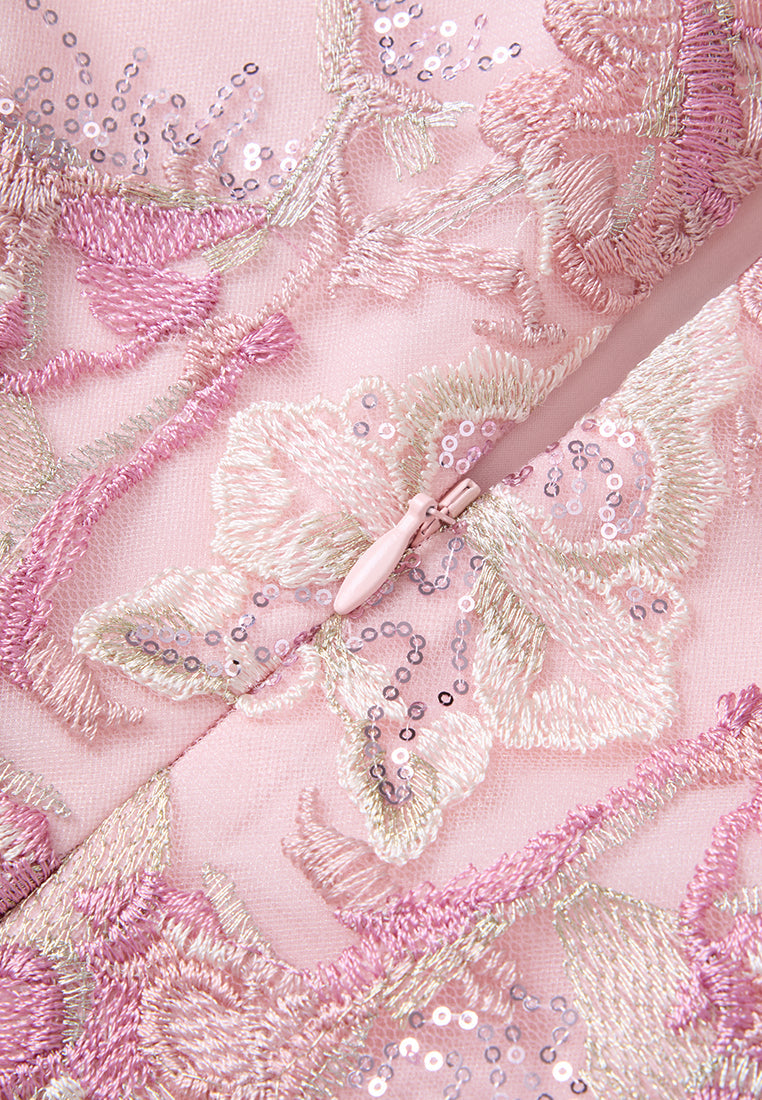 Floral-embroidery Embellished Maxi Mesh Dress