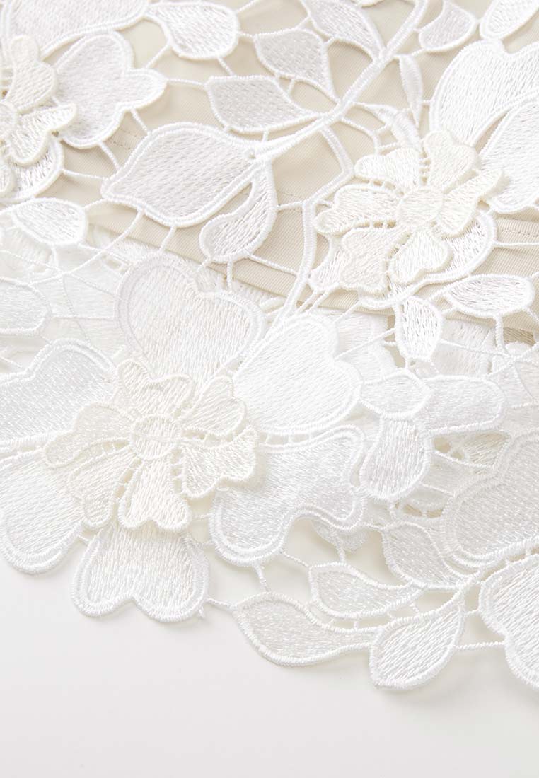 V Neck Black Detailing Jacquard White Lace Dress