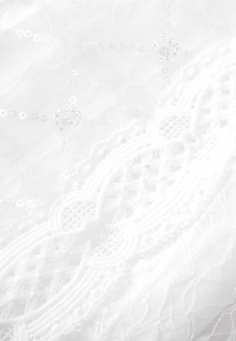 White Mid Sleeves Lace Midi Dress