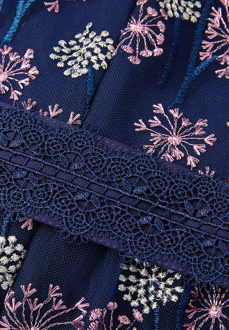 Dandelion-pattern Puff-sleeve Lace-trim Tie-belt Mesh Dress