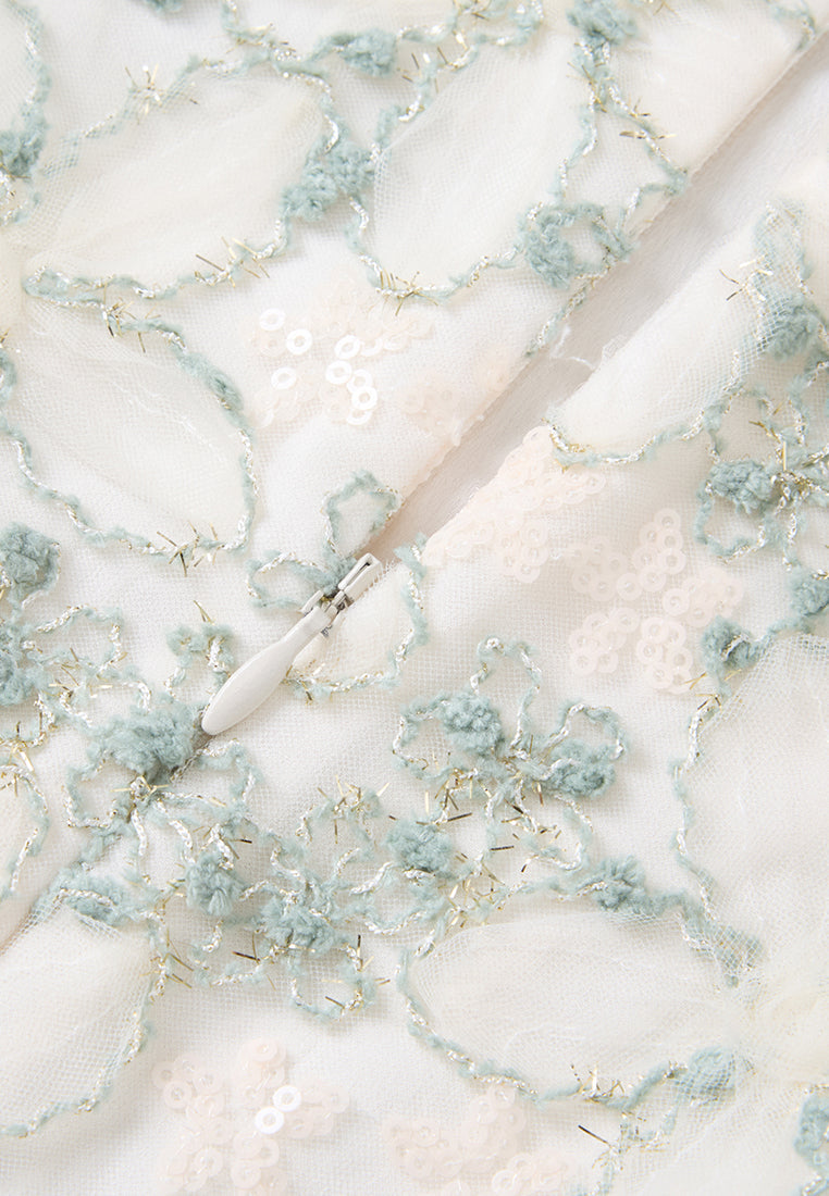 Stand-collar Stripe-detail Embroidery-detail Mesh Dress