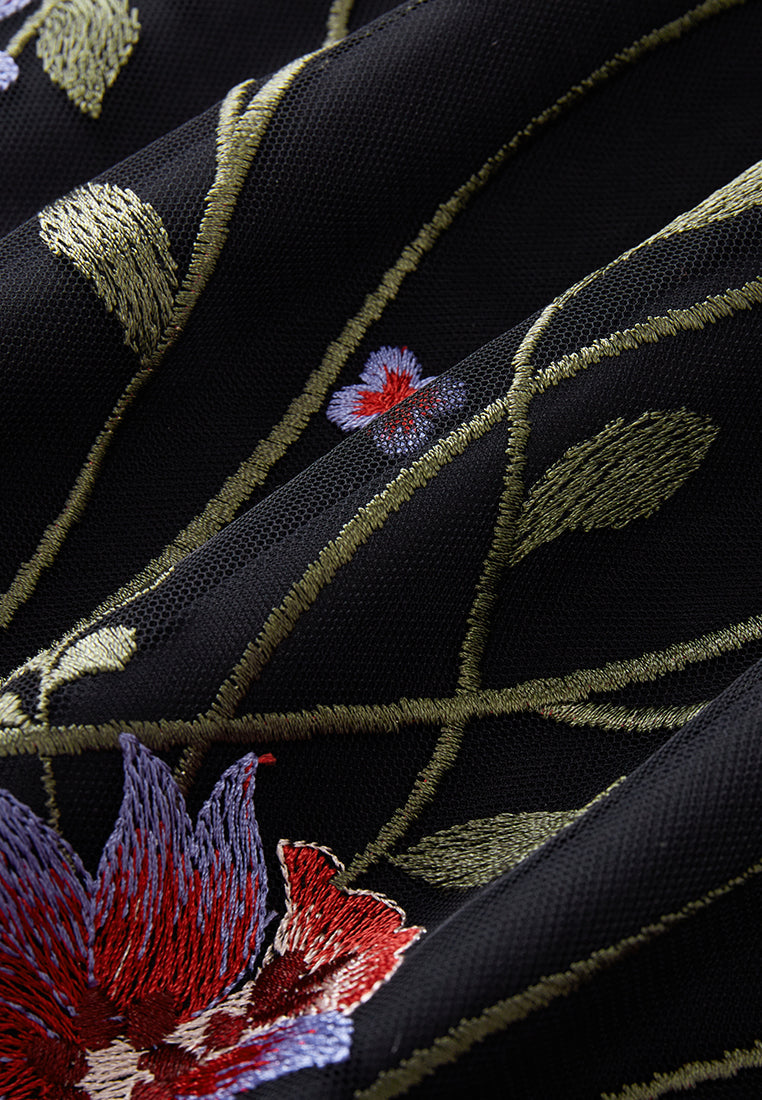 Oriental Embroidered Mesh Maxi Dress