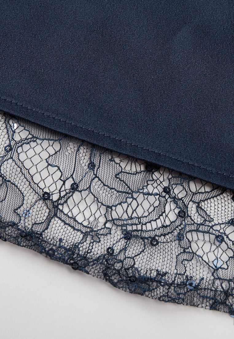 Diamond Pattern Embellished Lace-detail Belted Dress