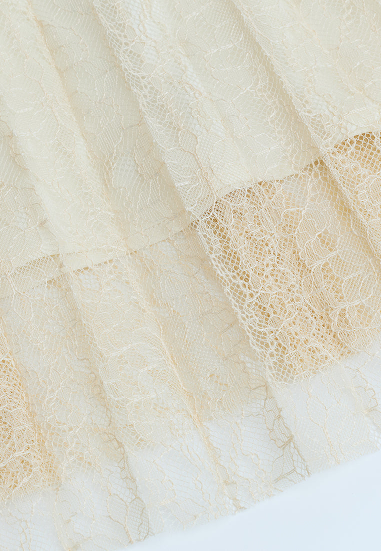 Belted Pleated-detail Lace Dress