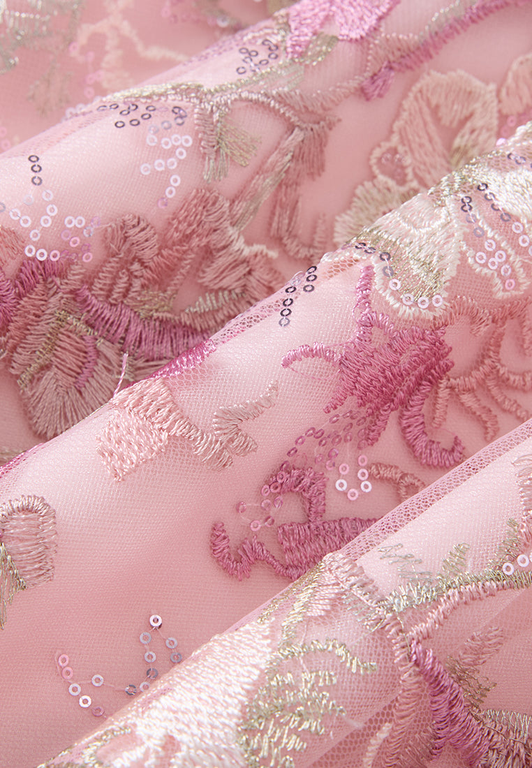 Floral-embroidery Embellished Maxi Mesh Dress