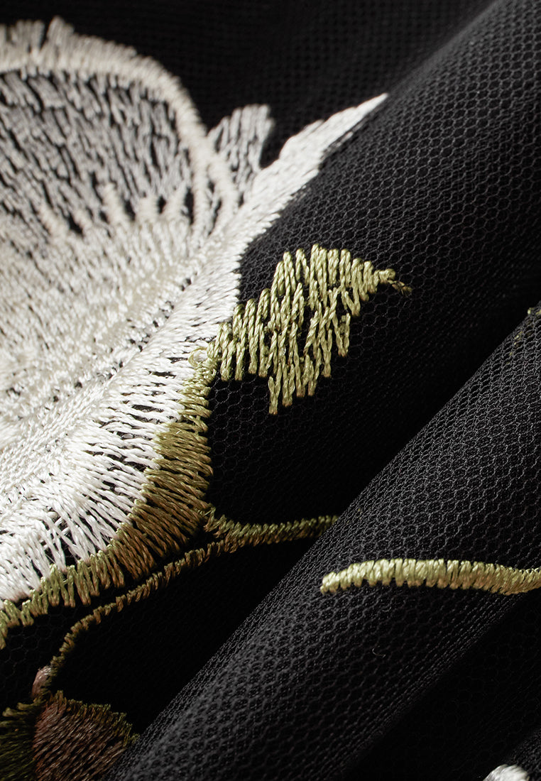 Embroidery-detail Tie-belt Embellished Mesh Dress