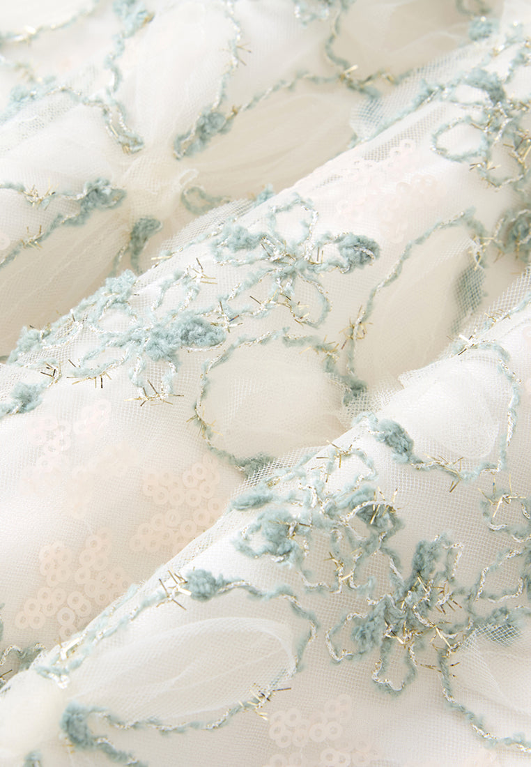 Stand-collar Stripe-detail Embroidery-detail Mesh Dress