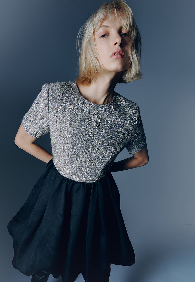Silver And Black Bubble-hem Tweed Dress